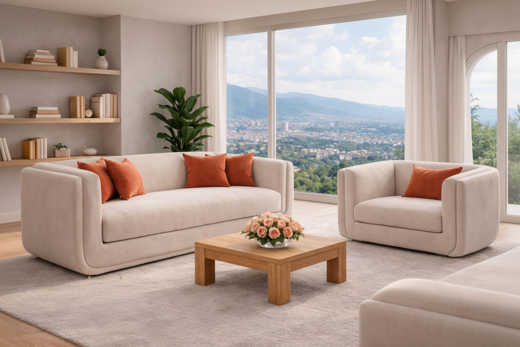 Sala Nogal – Sofá Moderno + Poltrona y Cojines Decorativos